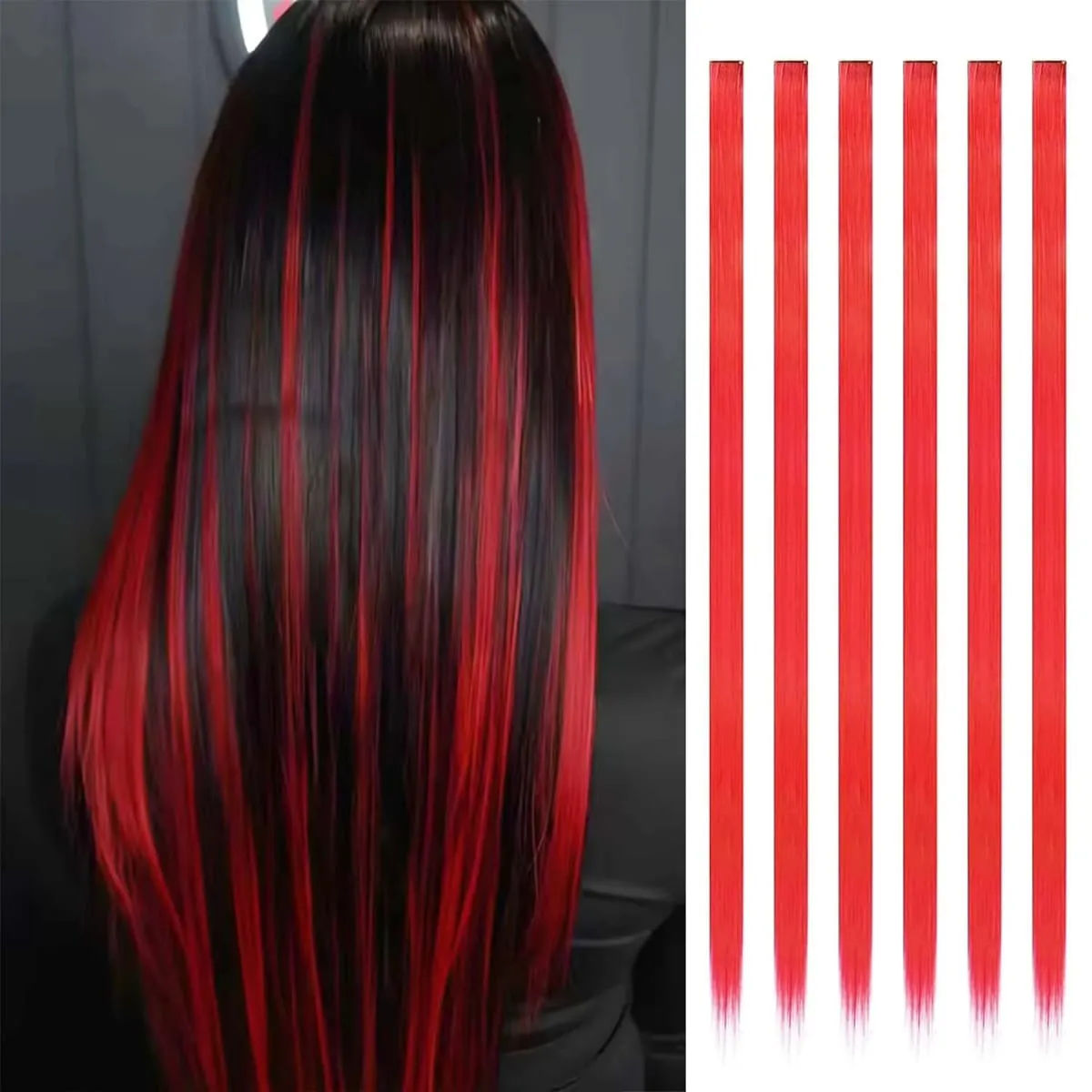 6 Pcs Clip Extensions Synthetic 24 Inch Colored Hair Extensions Party Highlights Long Straight Hairpieces for Women Kids Girl