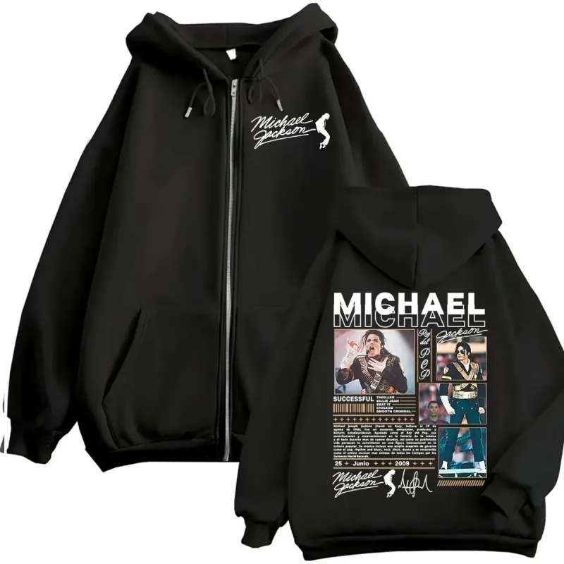 King of Pop Michael Jackson Bad Era Zipper Hoodie Men Women Harajuku Streetwear Jacket Sweatshirt Fleece Casual Zip Up Pullovers