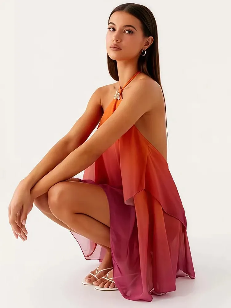 Mozision Gradient Halter Backless Sexy Mini Dress Women Gown Elegant Mesh Zipper Off-shoulder Sleeveless Club Party Dresses — image 2