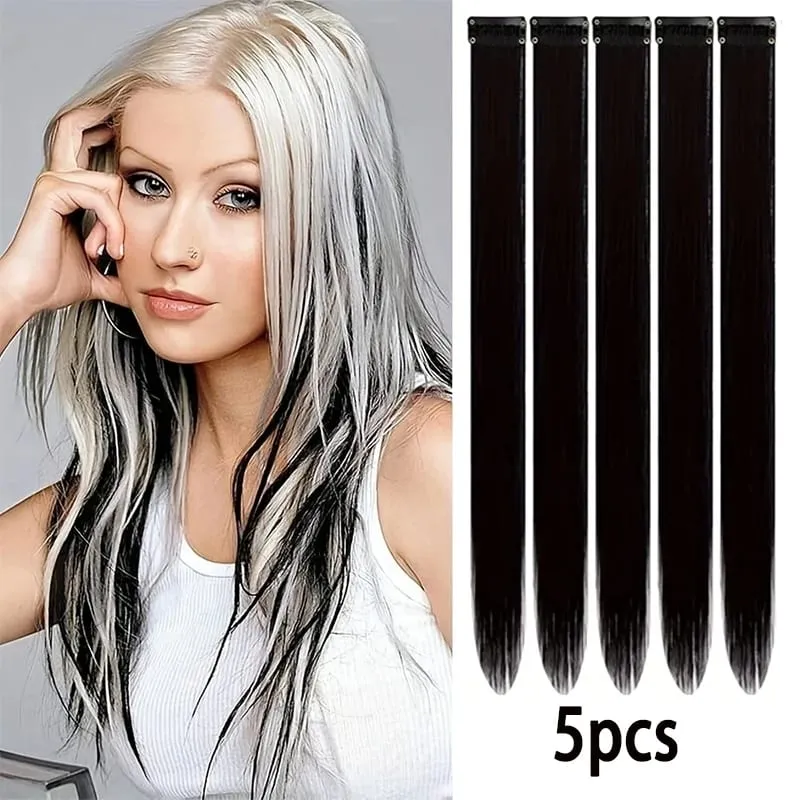 22Inch Synthetic Long Straight 5pcs Clip in Hair Extension Colored Rainbow Hairpieces for Women Daily Use