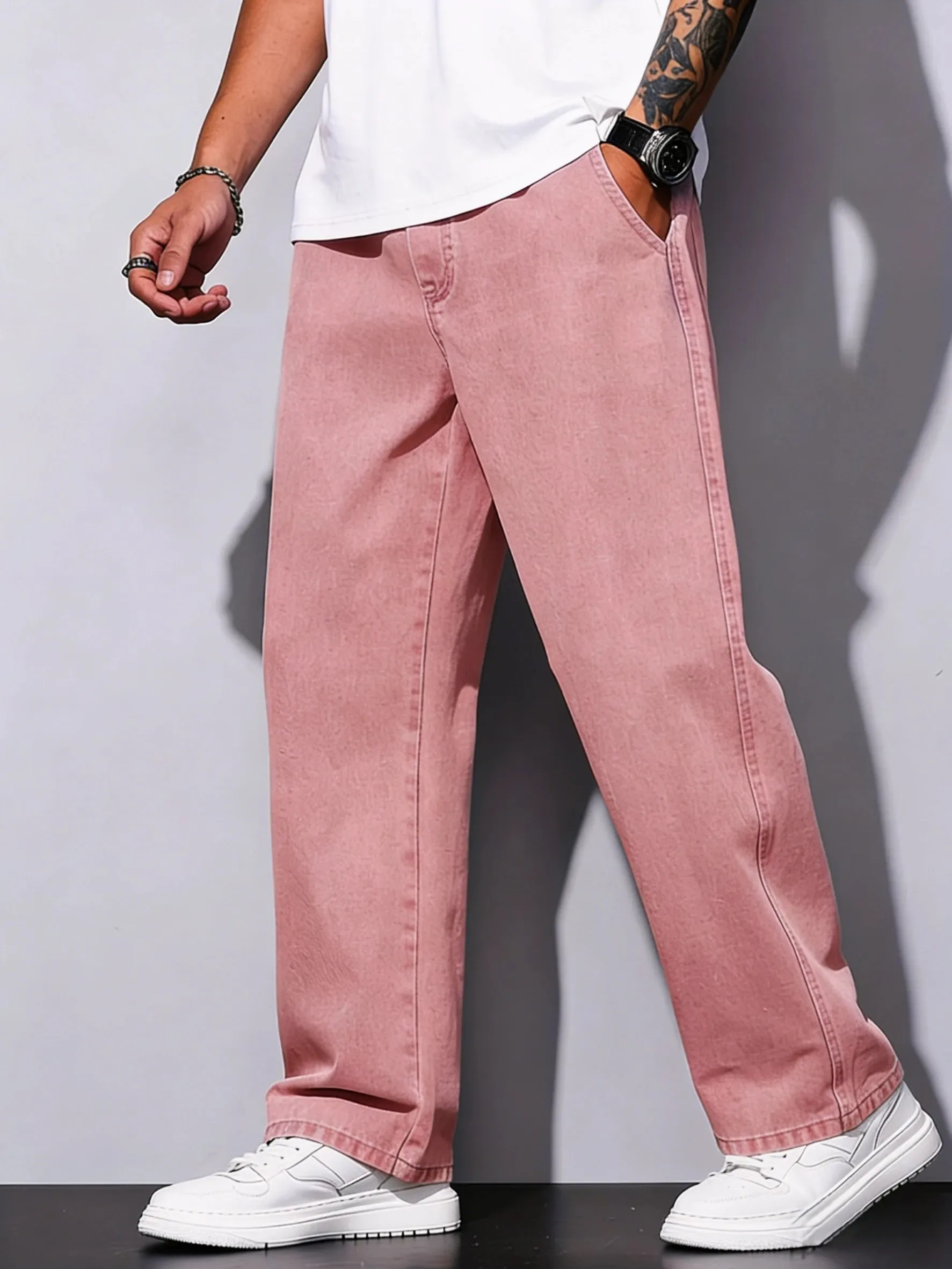 Men Jeans Pink Basic Straight Leg Men Jeans Mid Rise All-match Trousers All Seasons Street Daily Bottoms For Young Men Daily Out — image 2