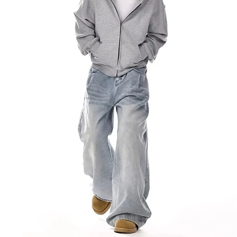 New Korean Retro Men'S Jeans High Street Straight Leg Pants Loose Casual Jeans Fashion Wide Leg Pants