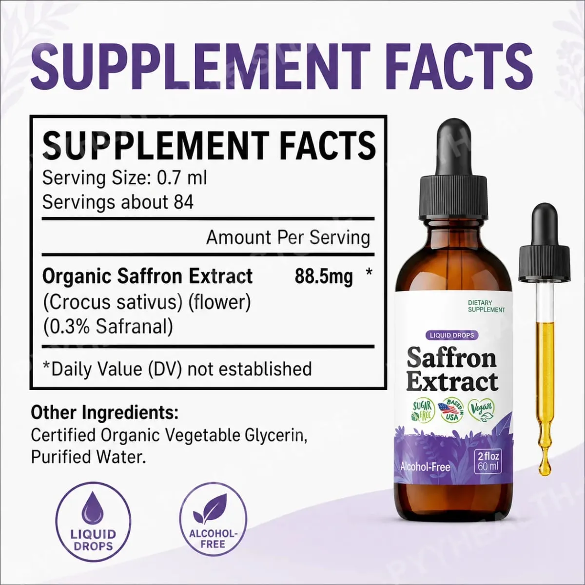 Saffron Supplements 88.5mg - Mood Focus & Eye Support Saffron Extract Liquid Drops Mix with Tea Vegan Alcohol-Free 2 Oz