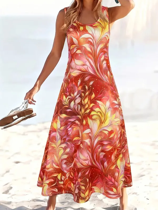 Dresses for Woman Vest Dress Beach Holiday Round Neck Sleeveless A-Line Long Skirt Starry Iridescent Floral Gradient Print 2026