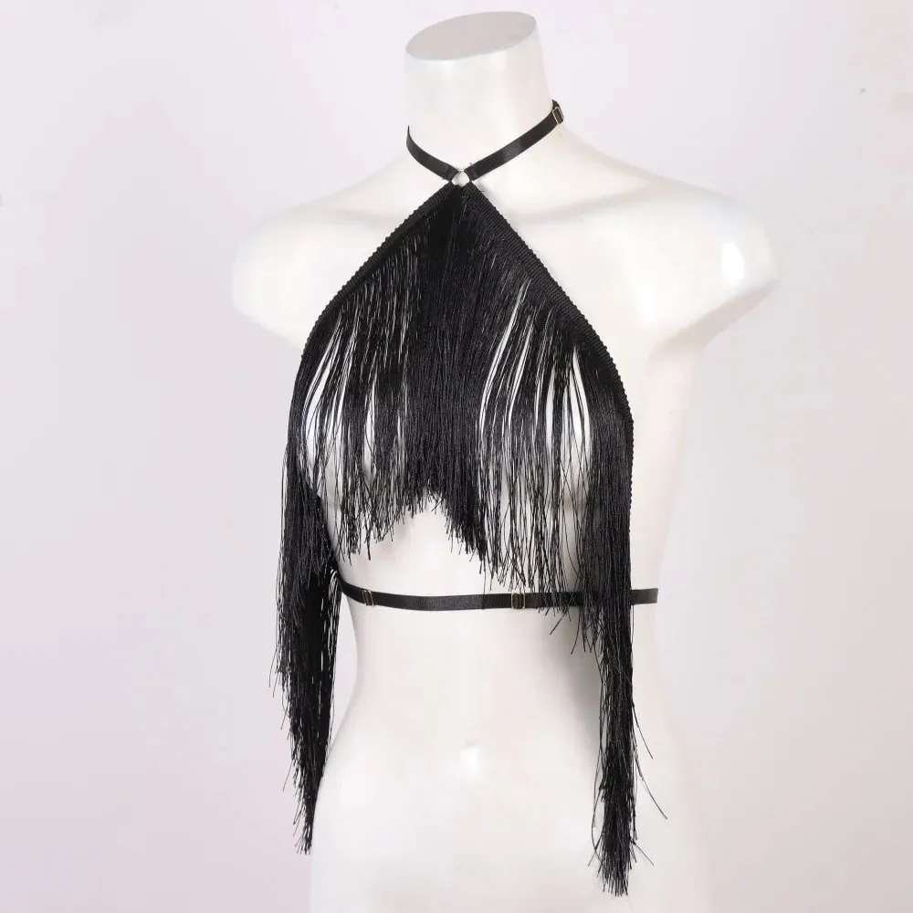 Women'S Black Tassel Halter Top-Adjustable Elastic Harness All-Season Wear Casual Attire Top Tassel Detail Top