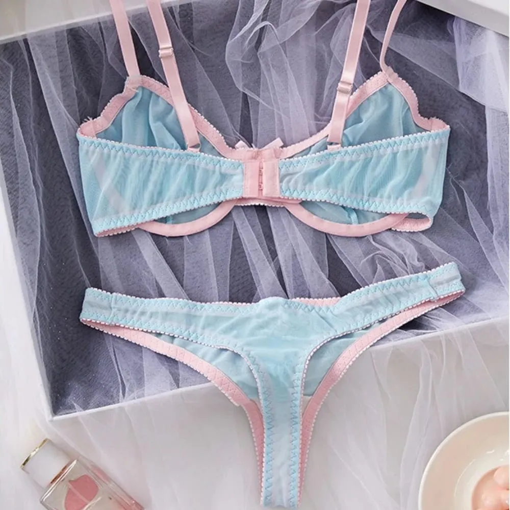 Blue Mesh Patchwork Splicing Thin Strap Strappy Semi Sheer Lightweight Lace Sexy Underwear Apparel Women Bra Briefs Lingerie Set — image 3