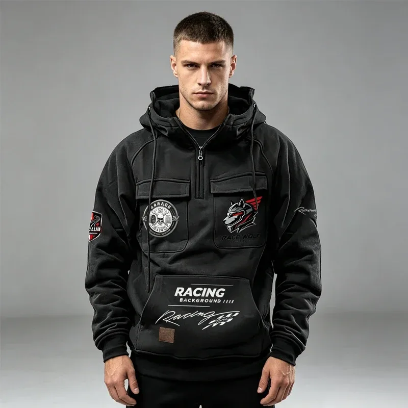 Men's Racing Suit With Large Pockets And Hooded Pullover. Men's Multi-pocket Outdoor Camping Hiking Sports Casual Jacket.