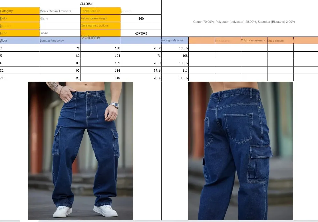Men's Deep Blue Washed Denim Workwear Jeans Casual Multiple Pockets Design Loose Wide Leg Trousers Y2K Style Cargo Pants