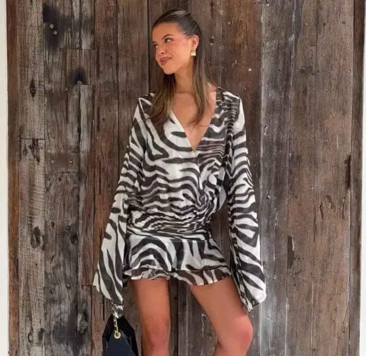 Women's Zebra Print Long Sleeve Mini Dress Zebra Print Long Sleeve Mini Dress Party Club Zebra Print Ruffle Dress Summer 2026
