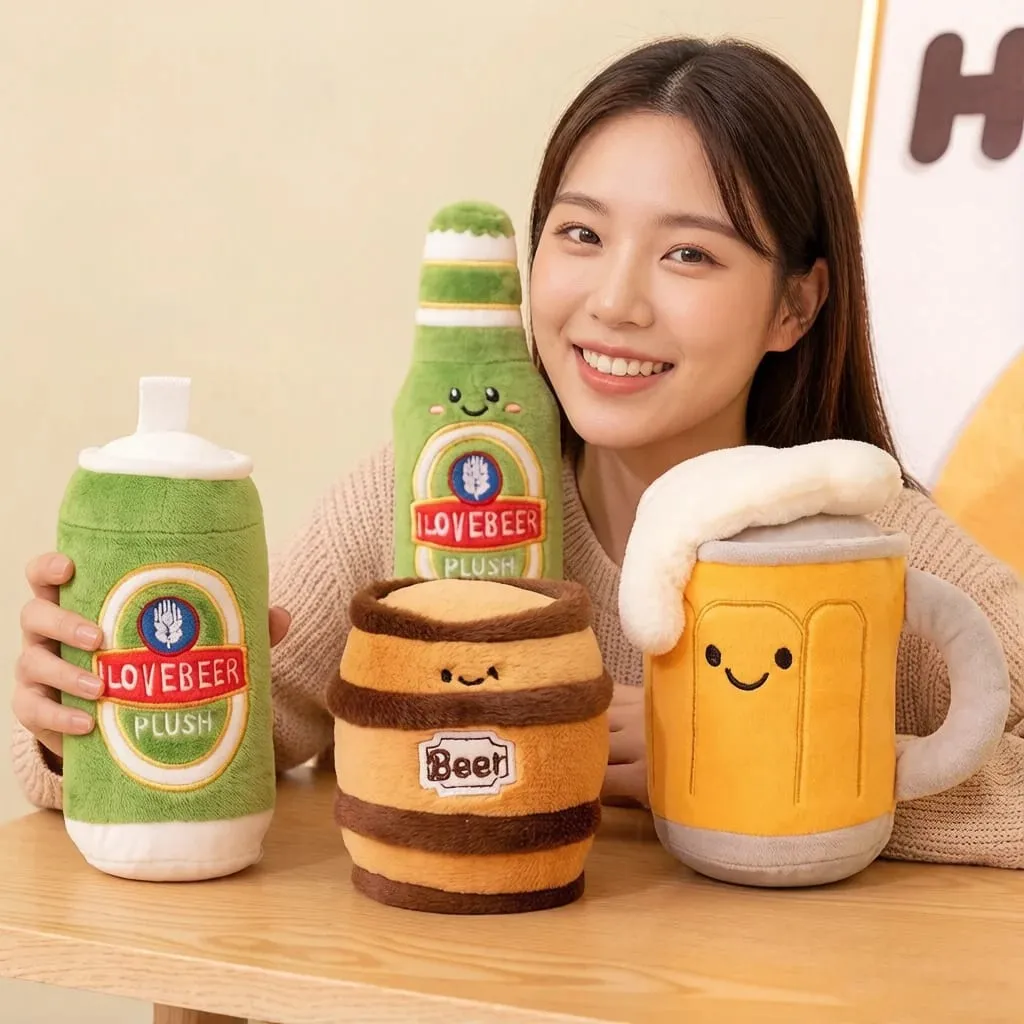 11~19cm Cute Beer Glass Bottle Drink Can Beer Barrel Plush Pillow Stuffed Kawaii Humanoid Plushie Party Prop Man Gift