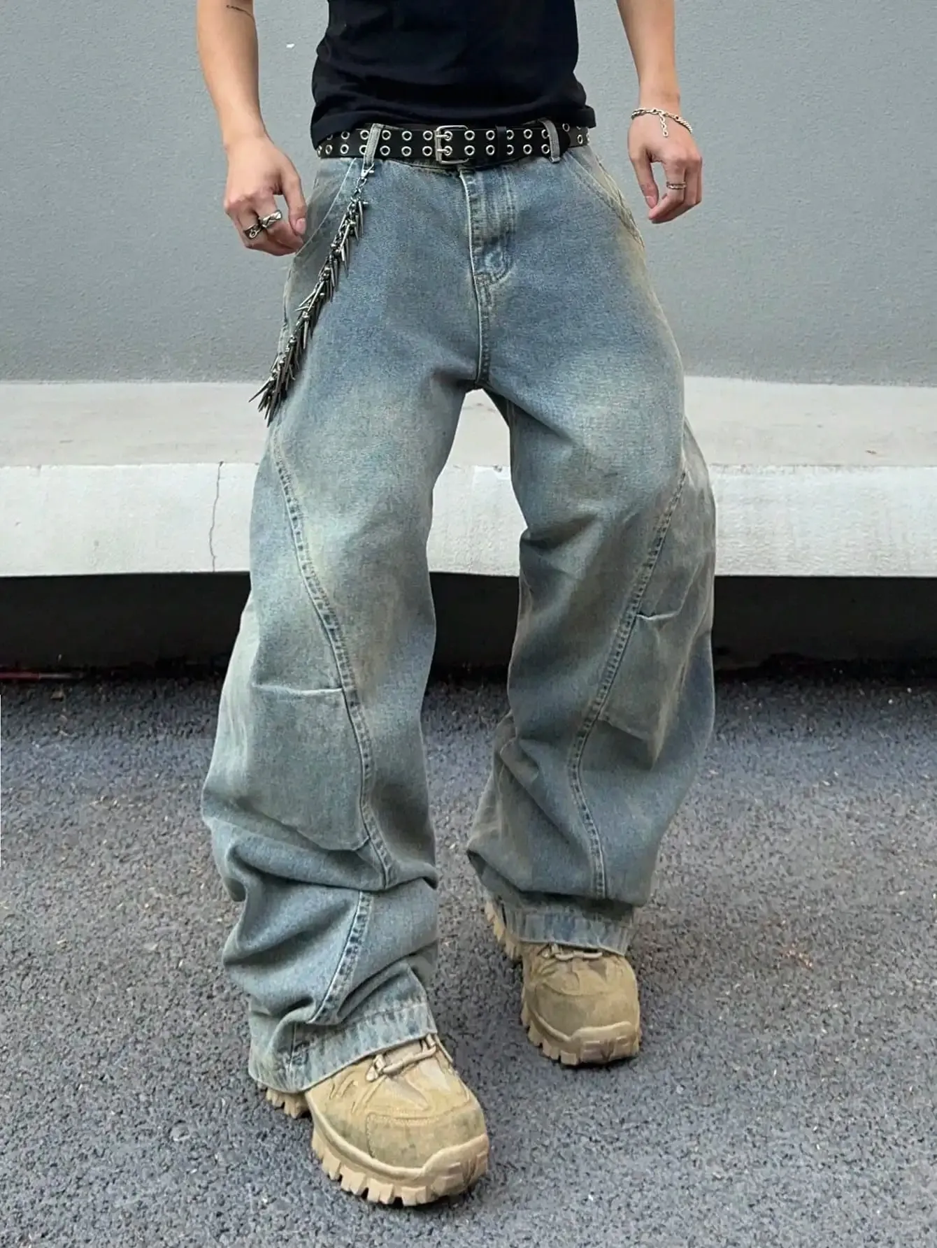 Vintage Men Washed Baggy Denim Jeans Stitched Panel Wide Leg Denim Pants Oversized Loose Hip Hop Streetwear Y2K Casual Trousers