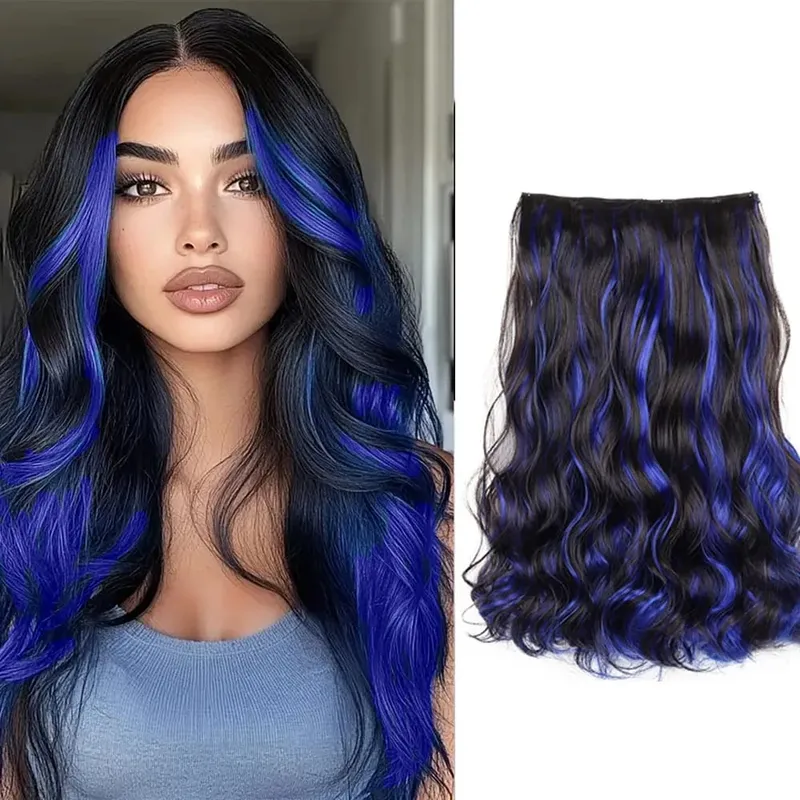 Synthetic 5Clip in Hair Curly Extension 18 Inch Curly Black Mix Blue Highlights Thick Hairpieces Fiber Hair for Women