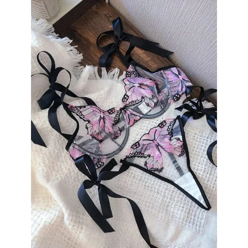 Butterfly Embroidery French Lace Bra Sheer Net Elastic Straps No Padding Romantic Womens Lingerie Set S-XL Soft Comfy — image 1