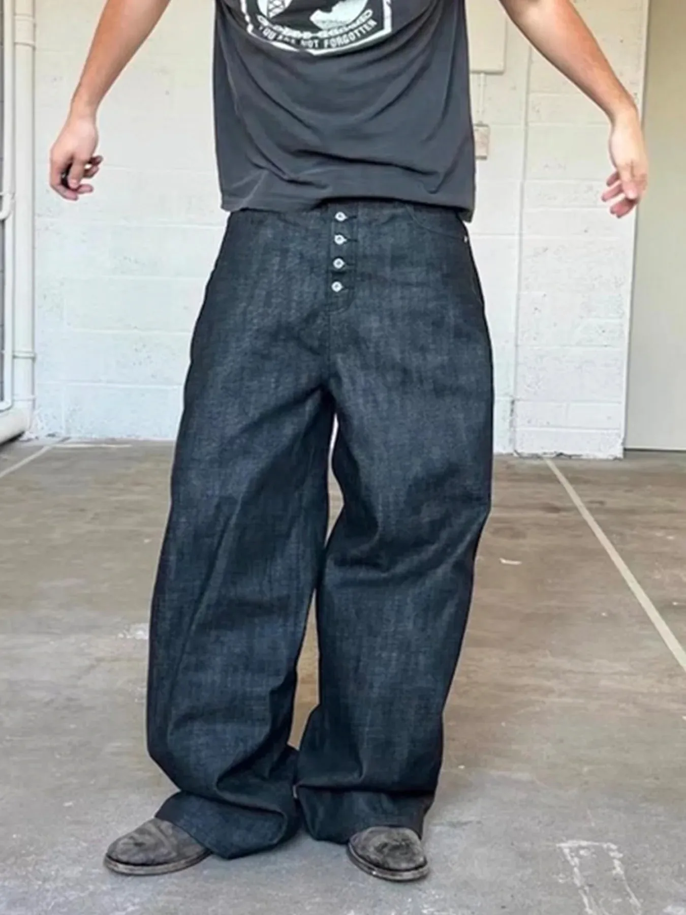 Men Women High Street Jeans American Retro Button Up Baggy Denim Dark Blue Original Vintage Casual Streetwear Trousers — image 4
