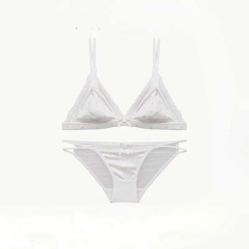 French Style Triangle Cup Satin Lace Lingerie Set Wireless Small Bust Gathered Thin Soft Fabric Sexy Daily Underwear S-XL Suit — image 5