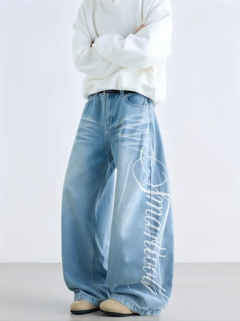 Y2k Printed Letter Baggy Jeans Men Wide Loose Curved Pants Streiaght Long Trousers Work Wear Denim Pants Casual