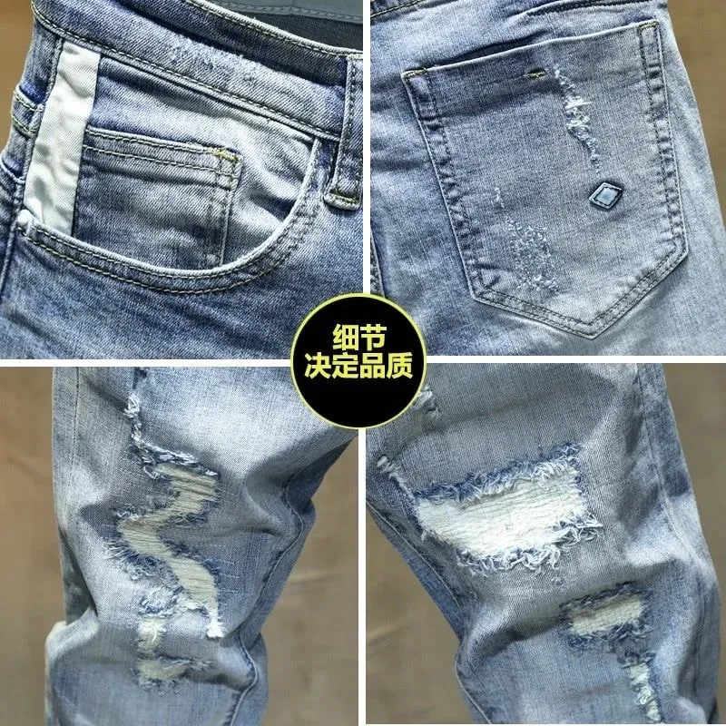 Spring and Autumn New Fashion Trend Solid Color Perforated Straight Leg Elastic Jeans Men's Casual Sports High-Quality Jeans — image 4