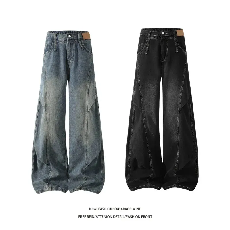 Men 2026 American Style Wide Leg Scimitar Jeans Contrast Stitch Spliced Pleated Design Loose Casual Long Denim Pants For Male