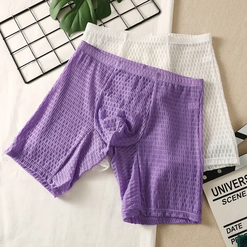 Men's Waffle Texture Boxy Underwear Extended Boxer Briefs Mid Rise Sheer Mesh Flirtatious Casual Athletic Sports Trunks Knickers