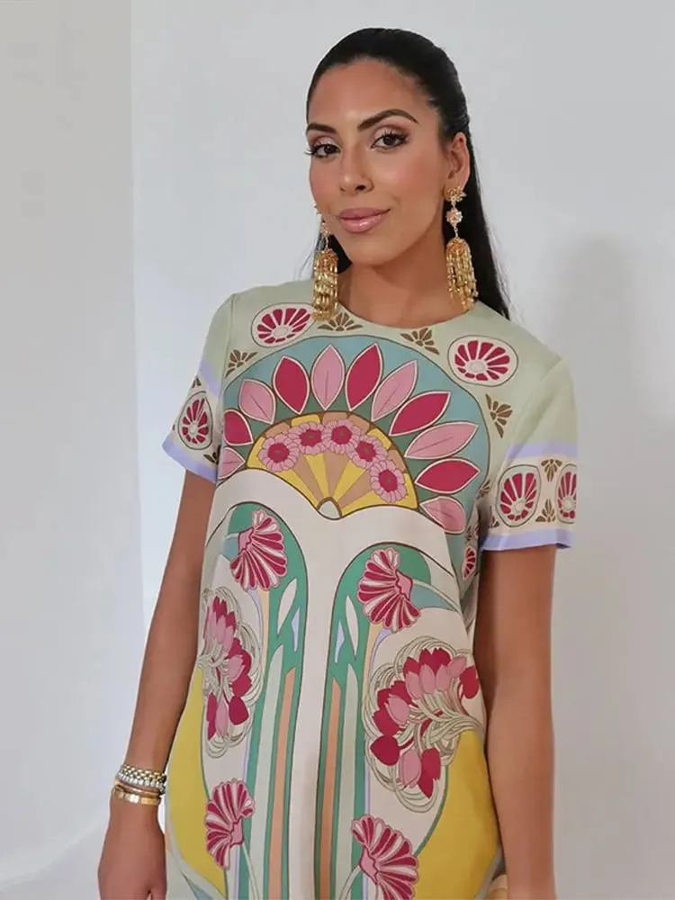 Women Art Floral Print Feather Hem Maxi Dress Short Sleeve Crew Neck Loose Fit Dresses 2026 Summer Fashion Elegant Lady Outwear