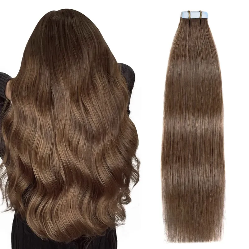 Red Color 20Pcs Tape-In Hair Extensions 100% Remy Human Hair Straight Highlight Color for Women Add Hair Length And Volume 50g