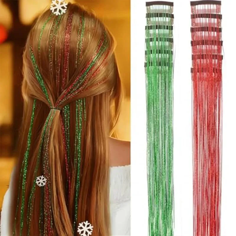 Red Hair Tinsel 12Pcs Clip in Hair Tinsel Kit 22Inch Tinsel Hair Extensions Christmas Hair Tinsel Party Festival Accessories