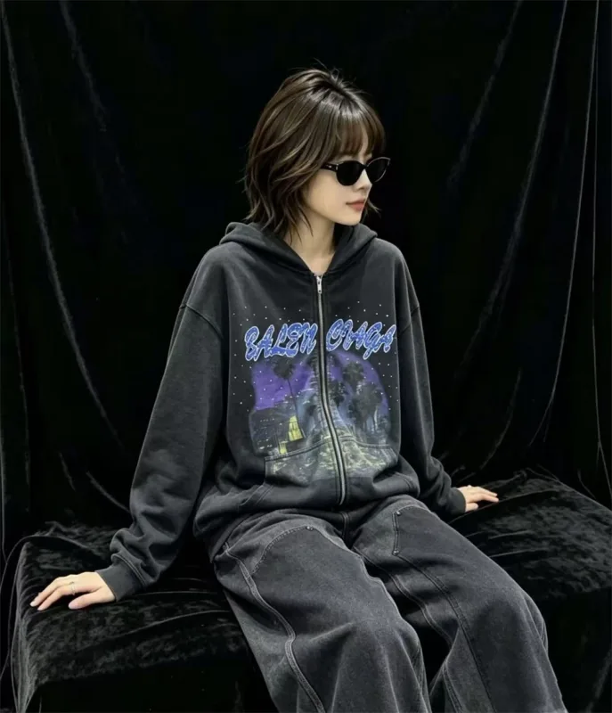 False Rhinestone Starry Sky Pattern Print Washed Zipper Loose Hoodie Street Casual Cotton Versatile Sports Trendy Sweatshirt