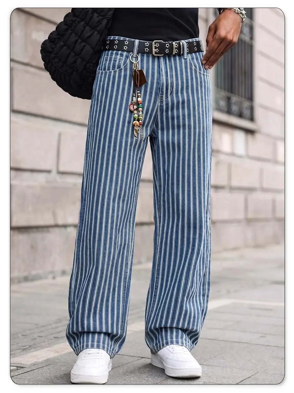 Men's Blue White Striped Jacquard Straight Leg Jeans Baggy Casual Pants Suitable for Work and Leisure Without Elasticity