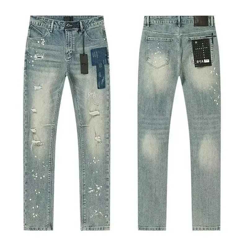 2026 RTA Men's Slim Fit Jeans Collection Distressed Ripped Paint Splatter Studded Patch Vintage Washed Streetwear Fashion Pants