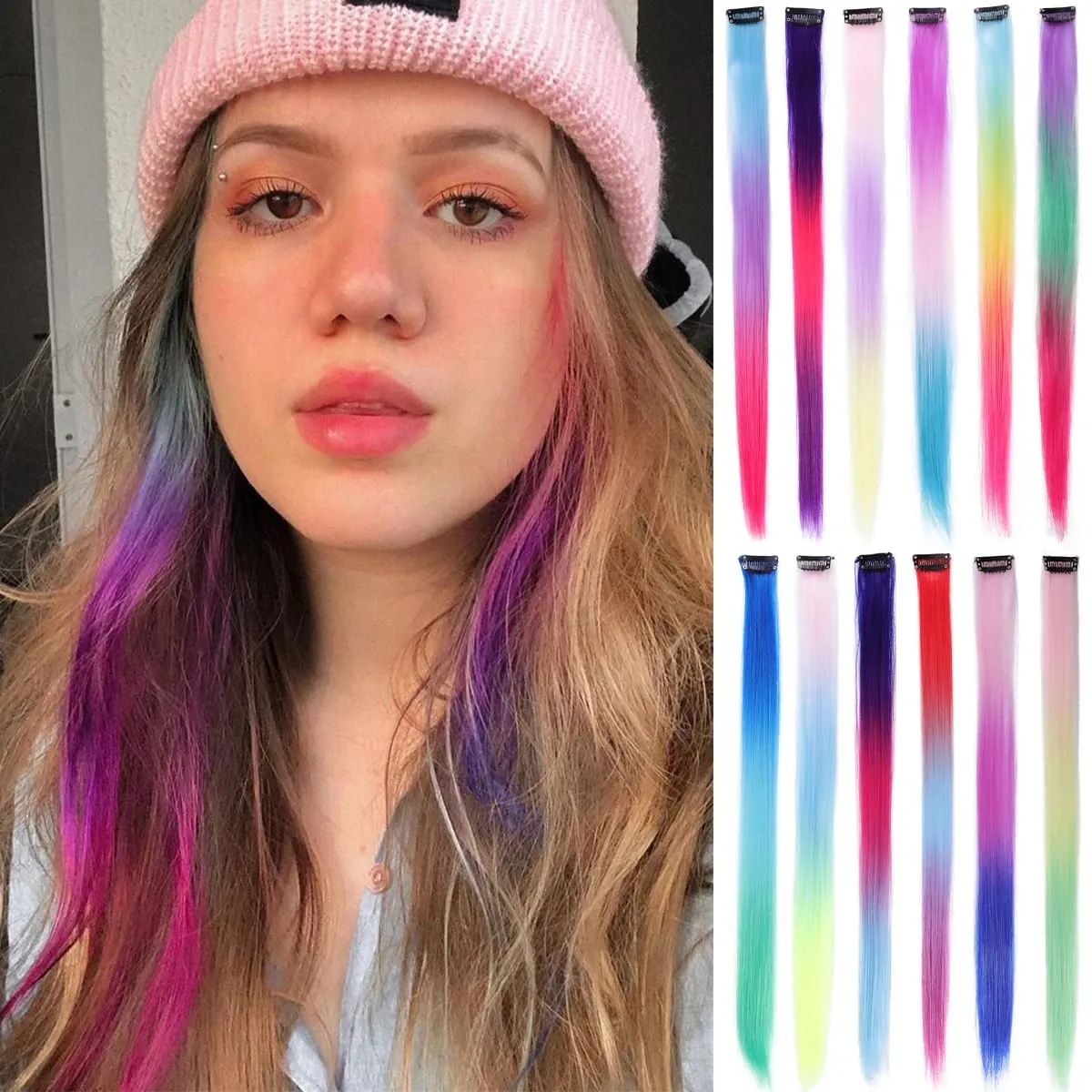 1Pcs Gradient Color Clip in Hair Extensions Party Highlights Wig Synthetic Straight Hairpiece for Girls Kids Christmas Party Use