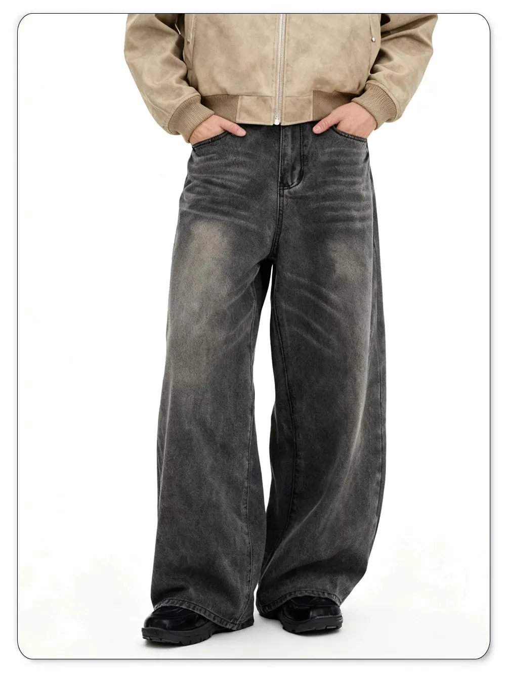 Men's American Retro Gray Baggy Wide Leg Jeans Daily Business Casual Loose Straight Leg Denim Pants Four Seasons Men's Clothes