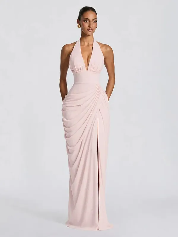 Sexy Solid Pleated Halter Dress Women Fashion Sleeveless Backless Waist-cinching Split Maxi Dresses 2026 Summer Lady Party Gowns