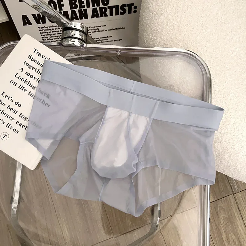 Slips transparents pour hommes Ultra-mince en soie glacée culotte à séchage rapide Sexy U poche bombée sous-vêtements pour hommes caleçons respirants Cuecas