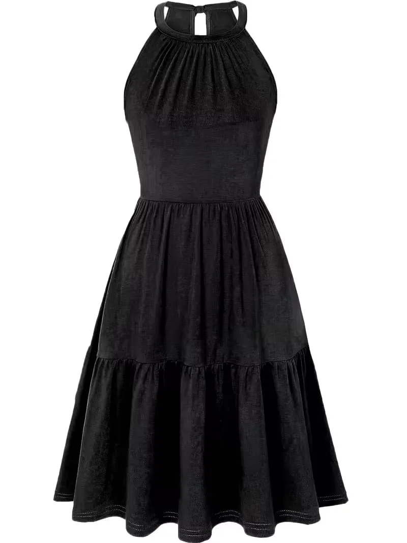 Women Summer Elegant Sleeveless solid color Halter Neck Beach Ruffle Hem Loose Vacation Knee Length Dress — image 6