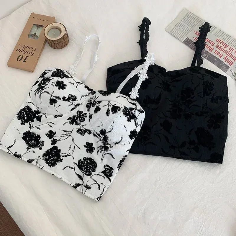 Women Sweet Elastic Camis Underwear Padded Bra Spaghetti Cute Crop Tops Print Tank Tops For Women Summer