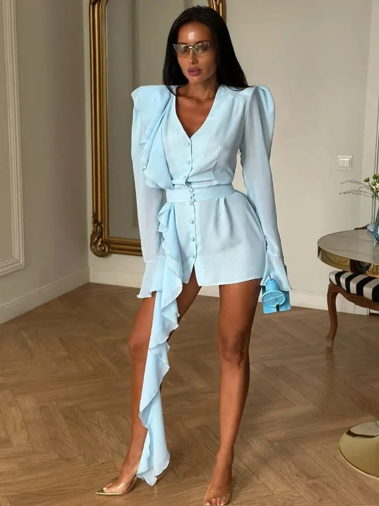 2026 Light Blue Ruffled Chiffon Dress V-neck Puff Long Sleeve Flutter Waist-cinching Mini Dresses Date Vacation Fashion Vestido