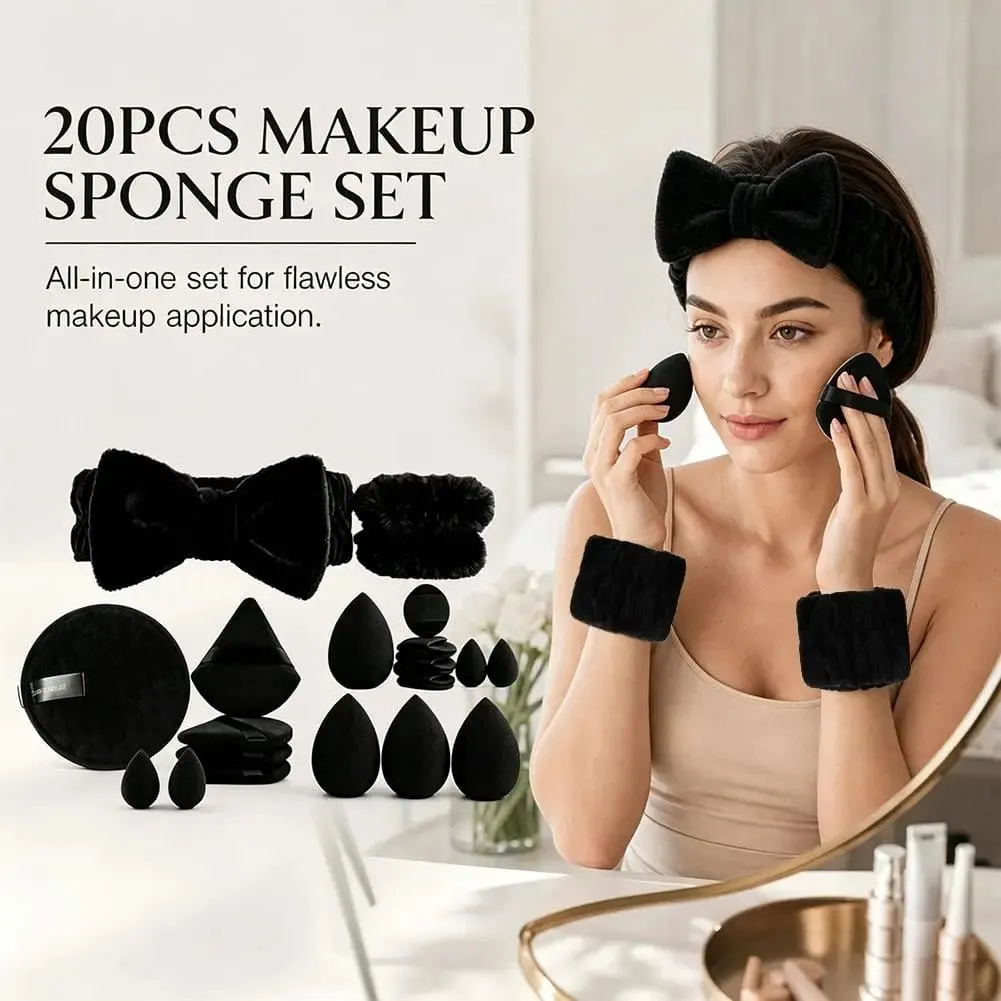 20Pcs Makeup Sponge Set Makeup Blender Triangle Powder Puff Mini Concealer Sponge Face Clean Wash Puff Headband Kit
