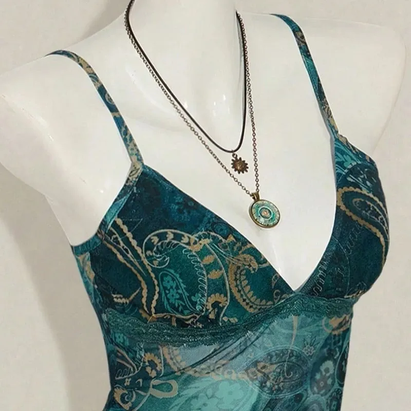 Sexy Spicy Girl V-Neck Sheer Camis Casual Slim Fit Spaghetti Strap Backless Printed Mesh Splice Crop Top Summer Fashion Tank Top