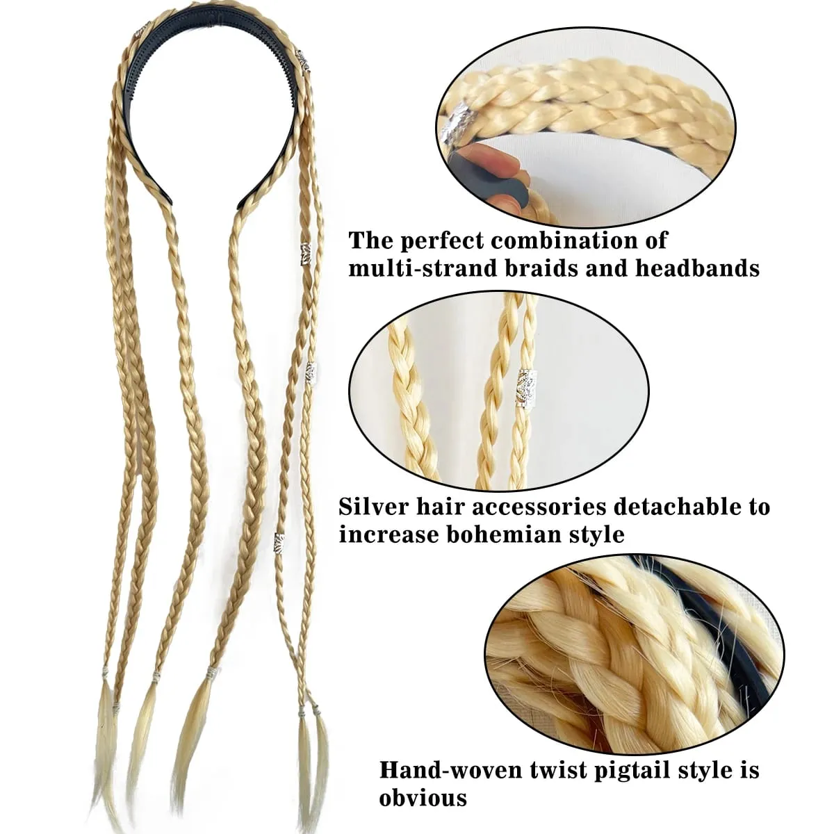 Synthetic Braided Headband Wig Braids Hairband With Decorative Silver Rings Long Box Braid Headband Hairpieces For Women Daily
