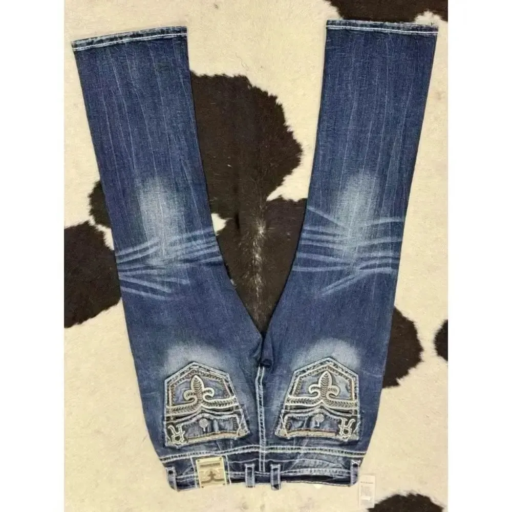 Retro trendy brand washed high elastic wide leg flared jeans Y2K summer blue embroidery American Gothic new fashion heavy street