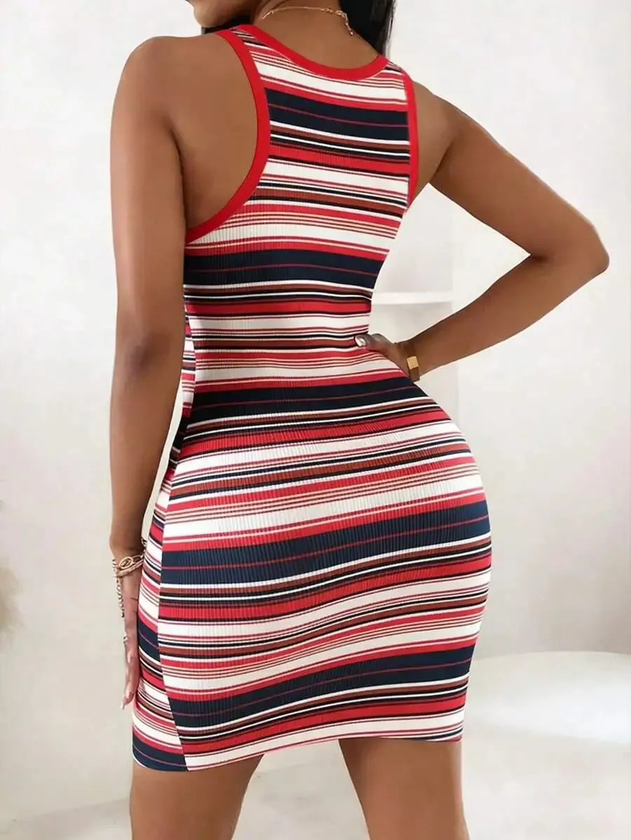 Womens Summer Casual Solid Color Round Neck Bodycon Mini Dress