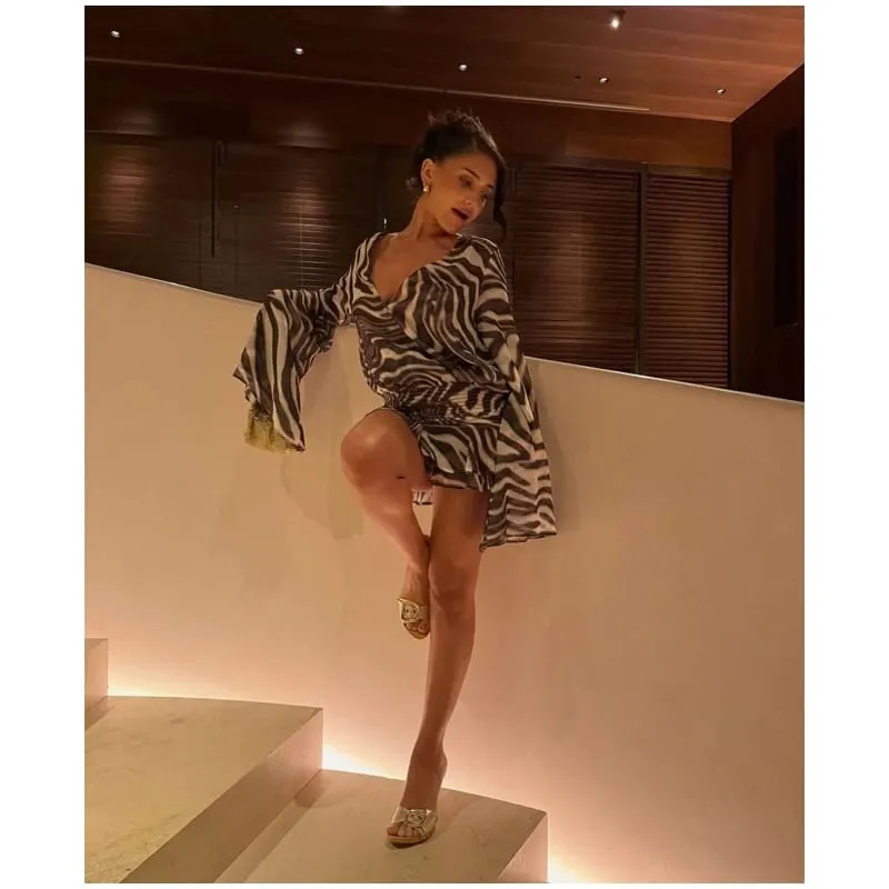 Chic Zebra Print Long Sleeve Women Dresses Sexy Deep V-neck Waist Pleats Loose Fit Dresses 2026 Lady Summer Party Club Vestidos