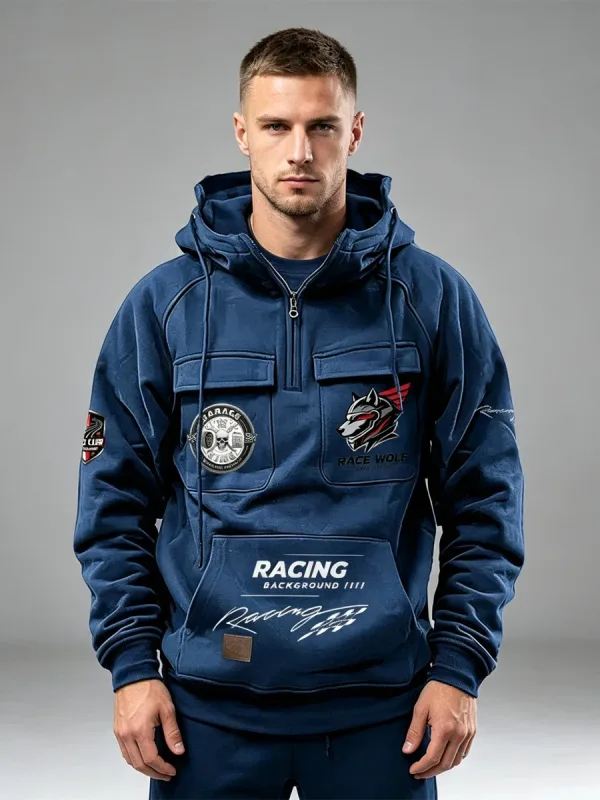 Men's Racing Suit With Large Pockets And Hooded Pullover. Men's Multi-pocket Outdoor Camping Hiking Sports Casual Jacket.