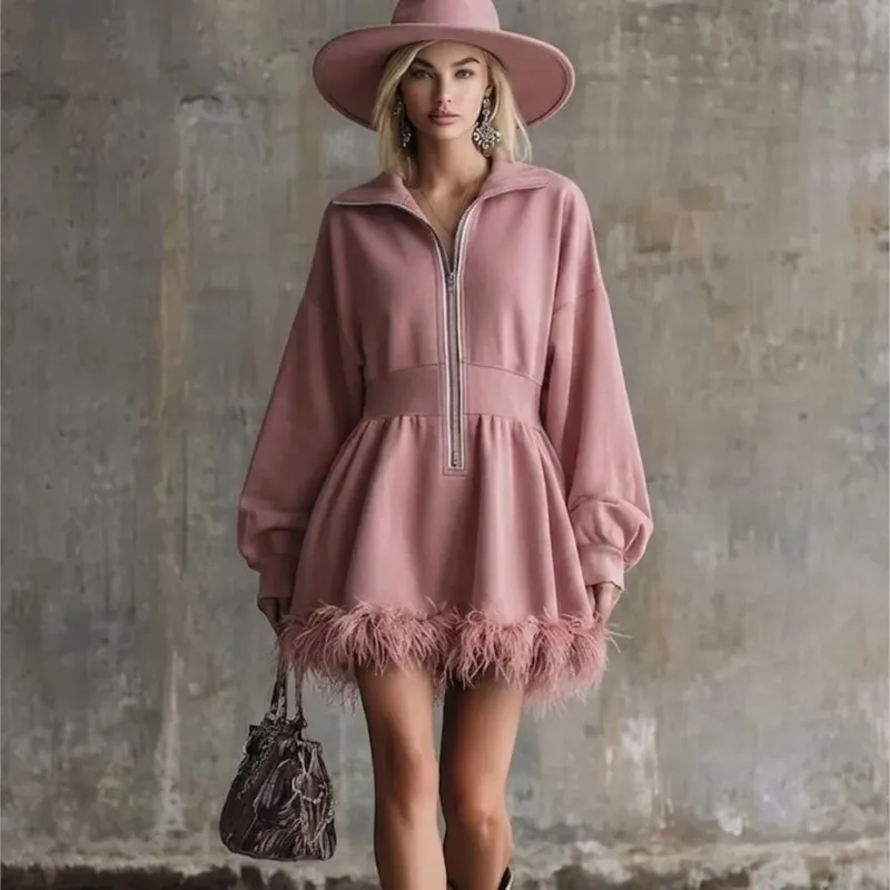 Fashion Dress Autumn Winter Casual Solid Color Simple Street Style Long Sleeved Zipper V-neck Feather Edge Cinched Waist Dresses