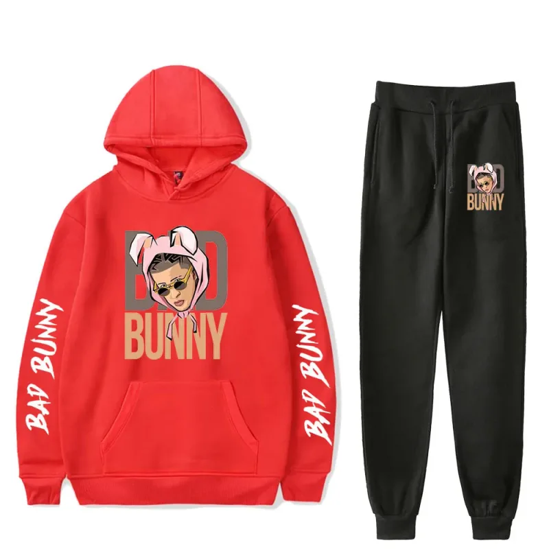 Harajuku Comfortable Funny bad bunny Print Sweatshirt Sweatpants Suit Men/Women Hoodies+ Trousers Suit Cute 2 Piece Set Clothes