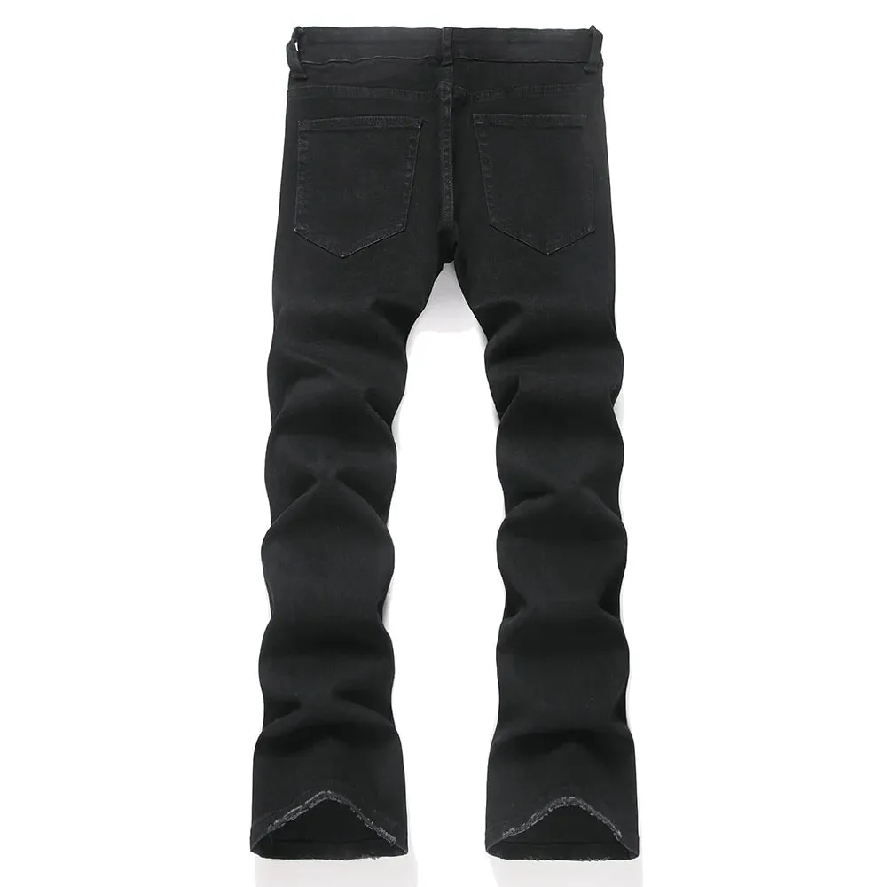 Men Skull Stretch Denim Jeans Punk Black Slim Boot Cut Pants Streetwear Devil Embroidery Patch Flared Trousers