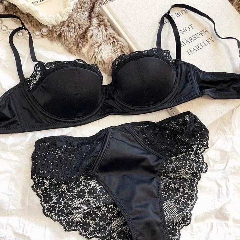 Hot Sexy French Lace Push Up Bra Set Demi Cup Breathable Thin Wire Bra Anti Droop Side Fat Control Gather For Small Bust S-XL
