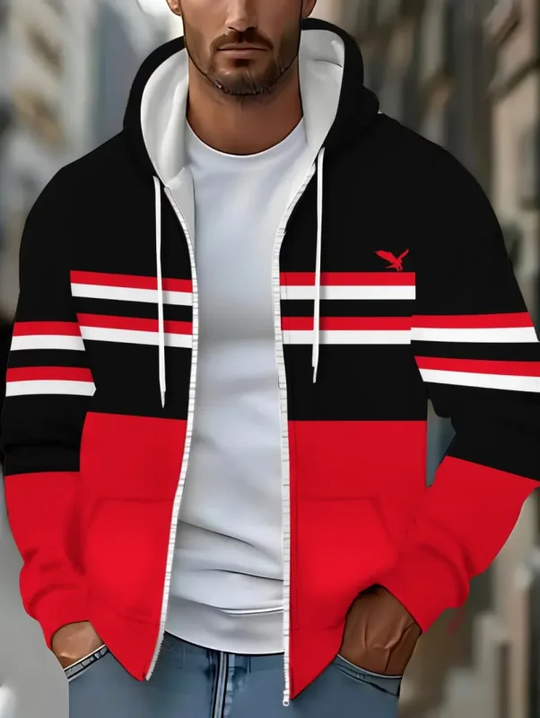 Hoodies for Man Striped Print Full Zip Sweatshirt Outdoor Wear Man Hoodie Fashion Casual Loose Sports Tops Pullover Man Clothing — image 23
