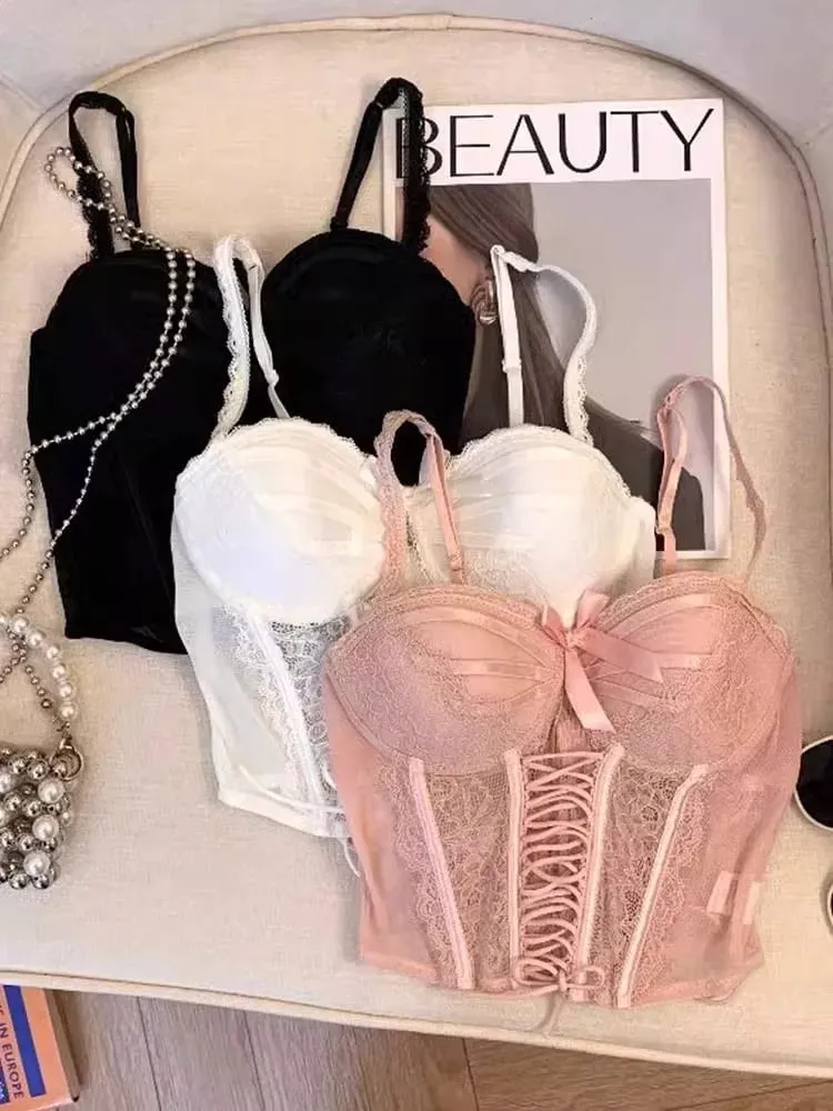 Thai Niche Style Halter Sexy Top & Vest Set Lace Boned Underbust Crop Top Pure Sweet Look Summer Fashion Layering Set UK MOYISU — image 5