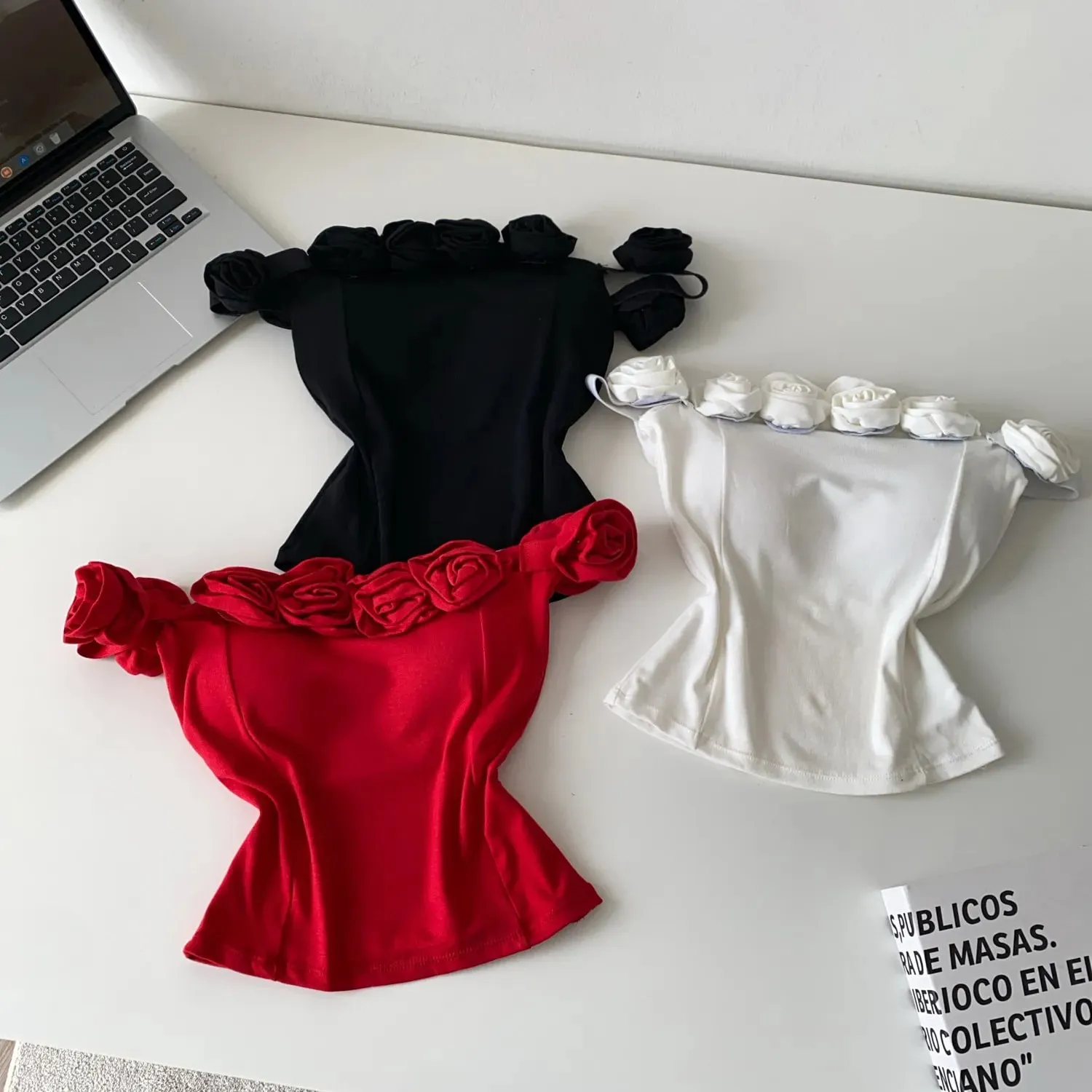 Fashion 3D Floral Solid Crop Top Women Strap Backless Elastic Waist Short Tank Top Korean Holiday Sexy Club Camisole